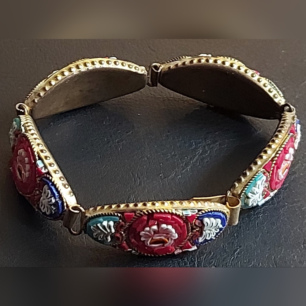 One Of A Kind Antique Art Glass Micro Mosaic Bracelet With Linked Floral Scenes